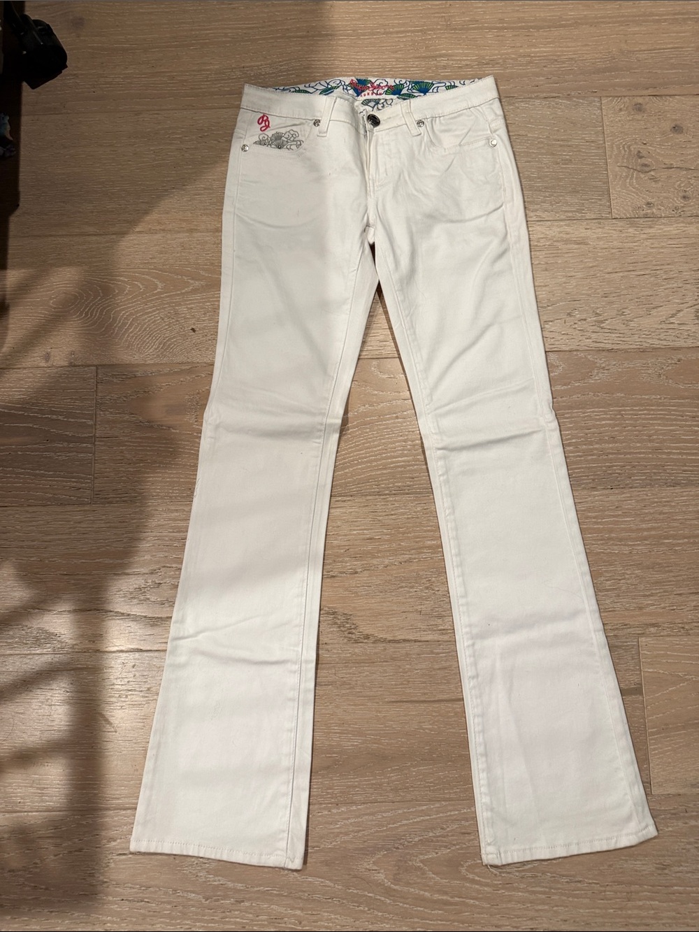 Y2k Pepe London brand white pants with peacock